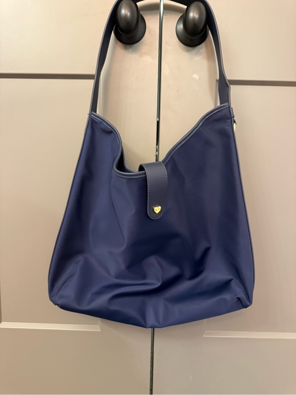 Stoney Clover Lane Navy Slouchy Nylon Shoulder Bag Gold Heart Charm D-Ring